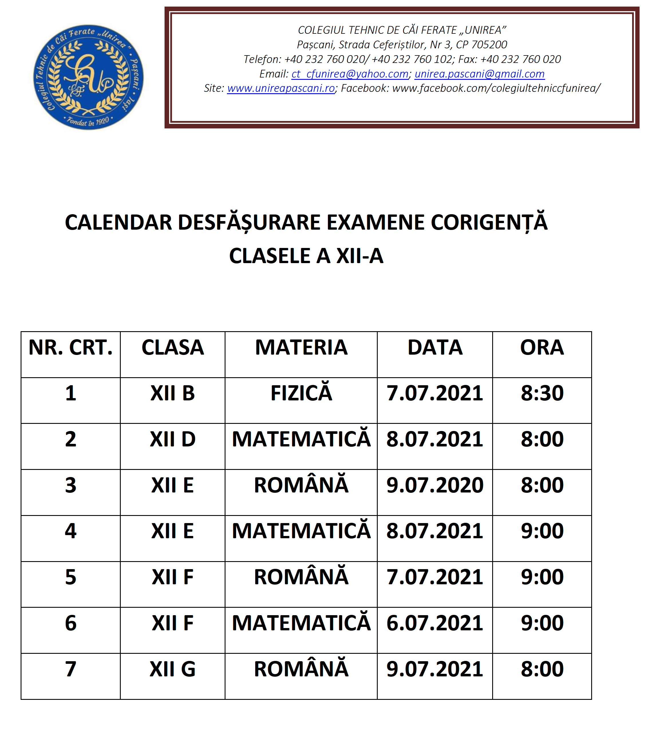 <h3>
	Calendar desfășurare examene de corigență clasele a XII-a</h3>