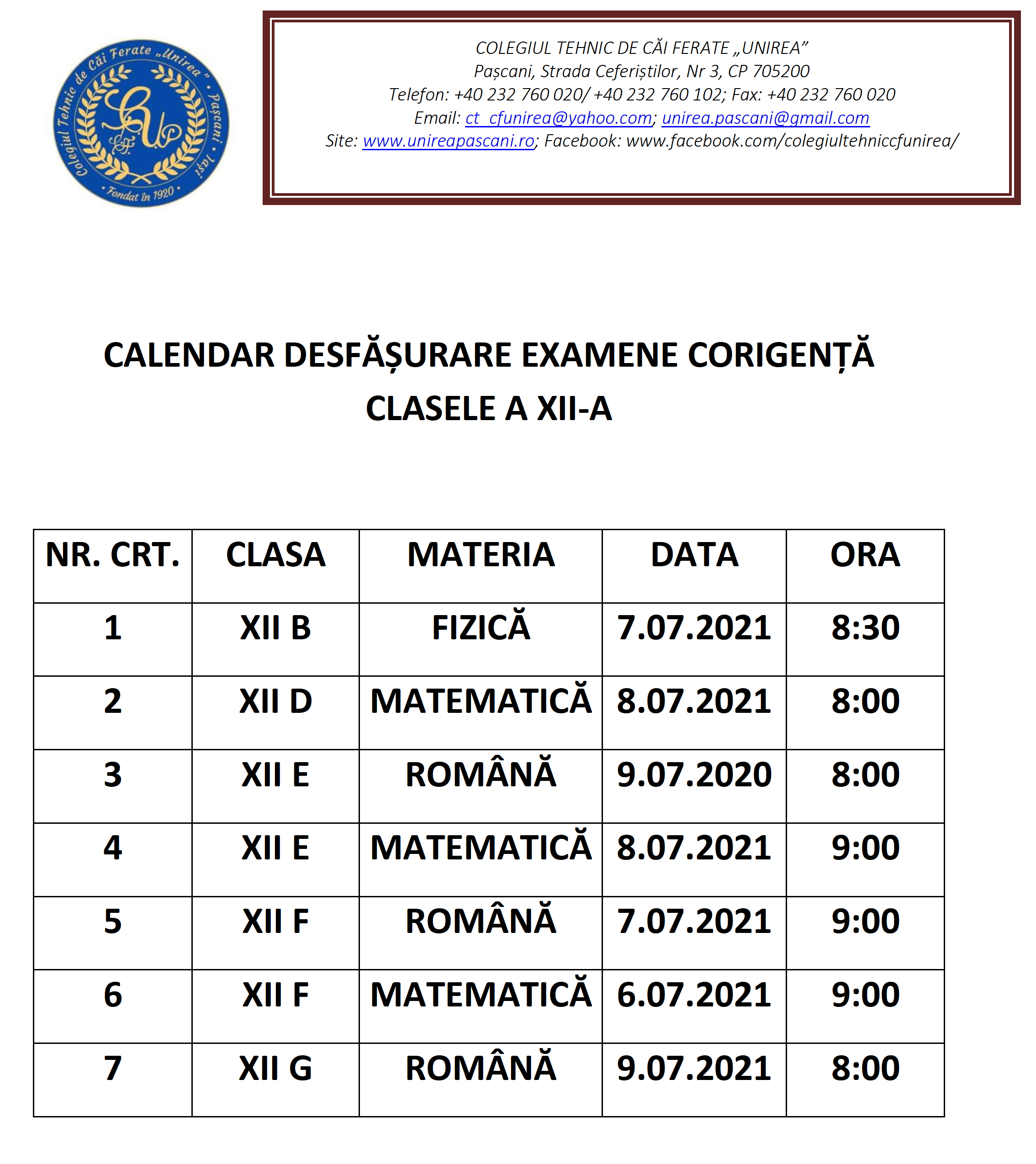 <h3>
	Calendar desfășurare examene de corigență clasele a XII-a</h3>